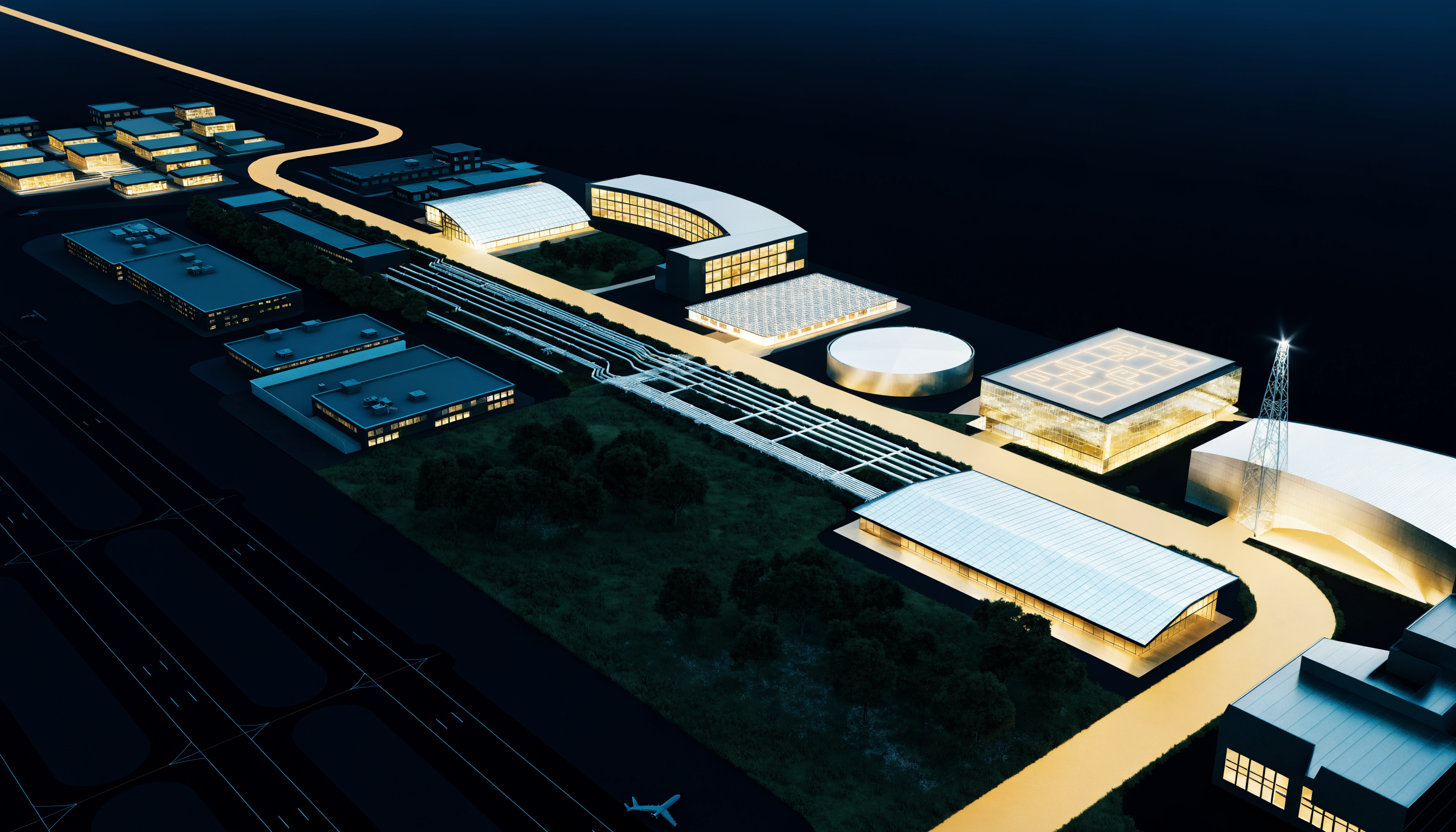 Illustrative campus concept with curved glass research buildings, white-roofed halls, manufacturing workshops and a gold connecting road. Not an approved site plan.